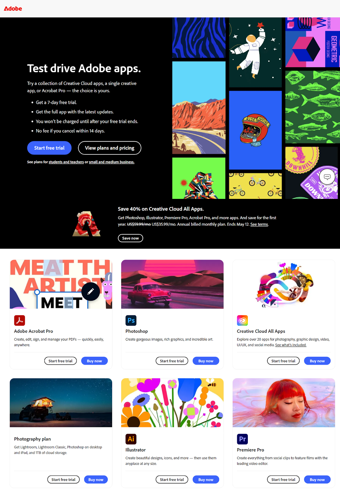 Adobe Creative Cloud landing page showcasing pricing options and subscription plans